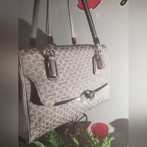 Coach signature jacquard and leather satchel handbag Madison Madeline EUC